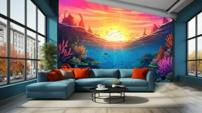 Underwater world scene with colorful coral reef. Under the sea background. Marine Life Landscape. Ocean water world. AI illustration.. Wall mural